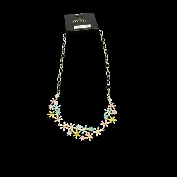 Noir Jewelry - Noir Pastel Floral Necklace w/Multi Color Rhinestone Design and Goldtone Chain